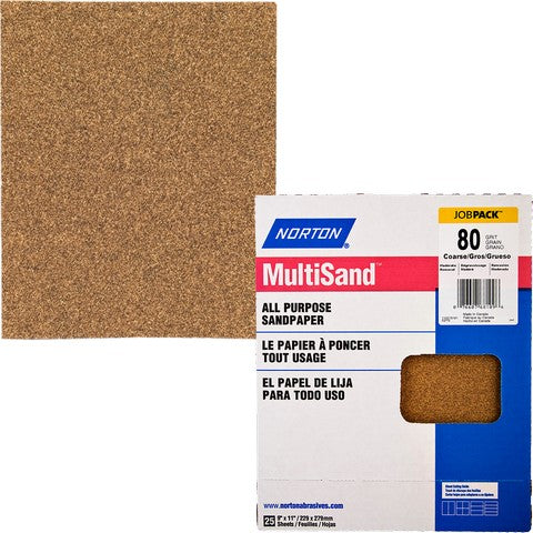 Norton 68109 9" x 11" 80D MultiSand Paper Sheets UPC 25Pk