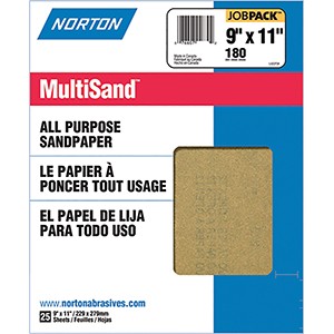 Norton 00355 9" x 11" 180A MultiSand Paper Sheets UPC 25Pk